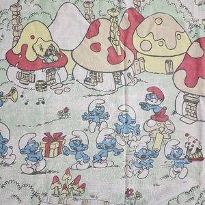 Vintage 1980s "Smurf Village " Twin Flat Bed Sheet Fabric